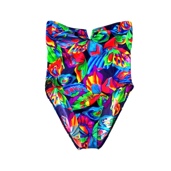 Vintage Other - Vintage 80s Strapless One Piece Swimsuit Colourful Bold Floral V Wire Neckline L